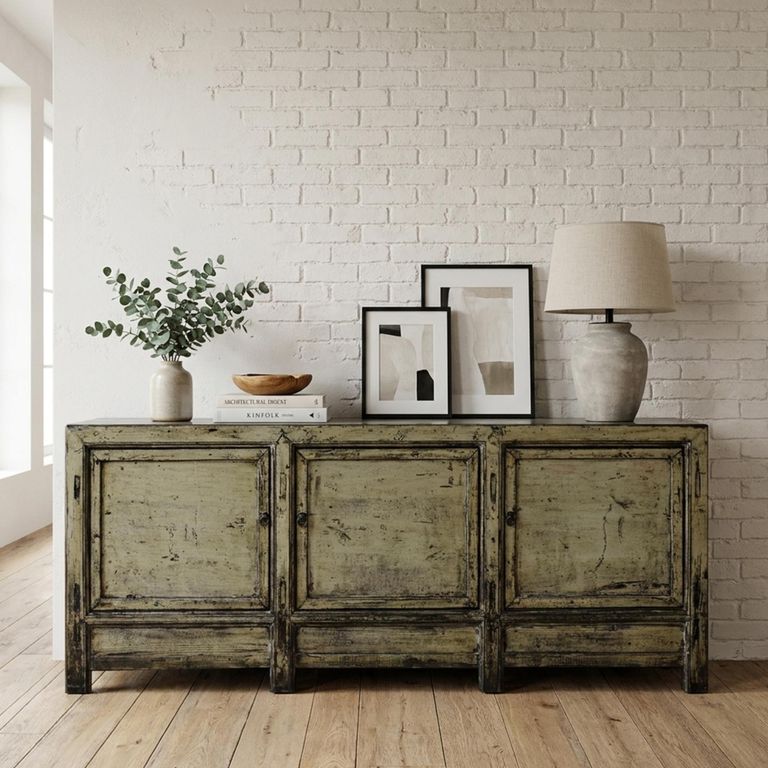 Chinese Sideboard - 3 Door - Extra Large - Distressed Green - Elm Wood