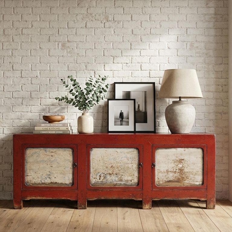 Chinese Sideboard - 3 Door - Extra Large - Vintage Red - Lacquered Pine Wood