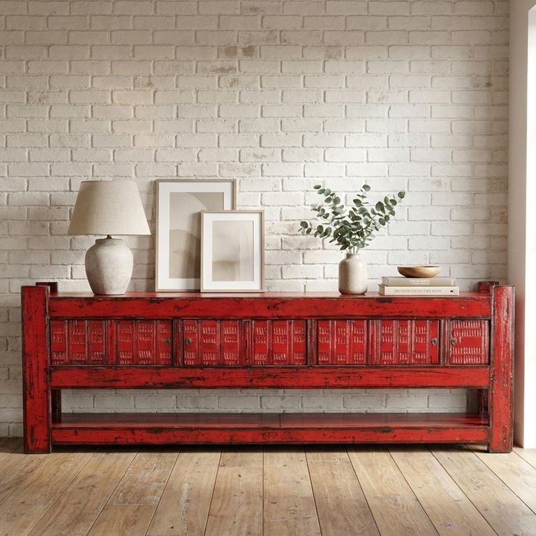 Chinese Sideboard - 4 Door - Extra Large - Asian Style - Vintage Red - Lacquered Pine Wood