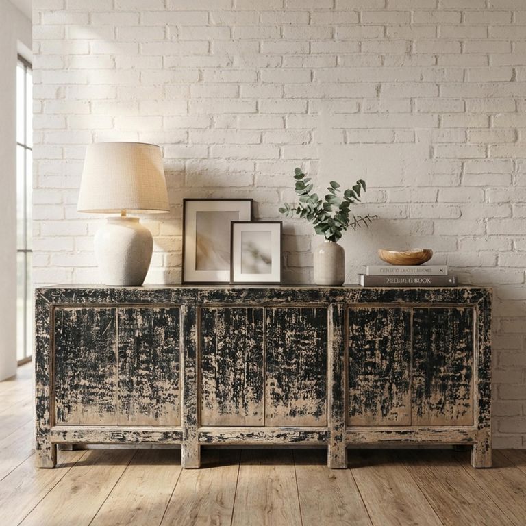 Chinese Sideboard - 6 Door - Extra Large - Distressed Black - Pine Wood