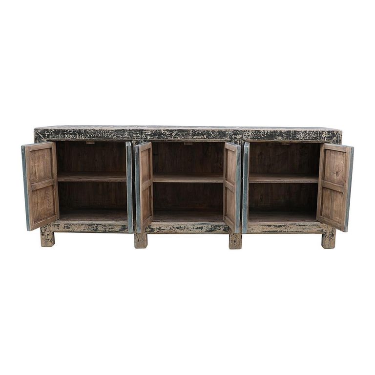 Chinese Sideboard - 6 Door - Extra Large - Distressed Black - Pine Wood