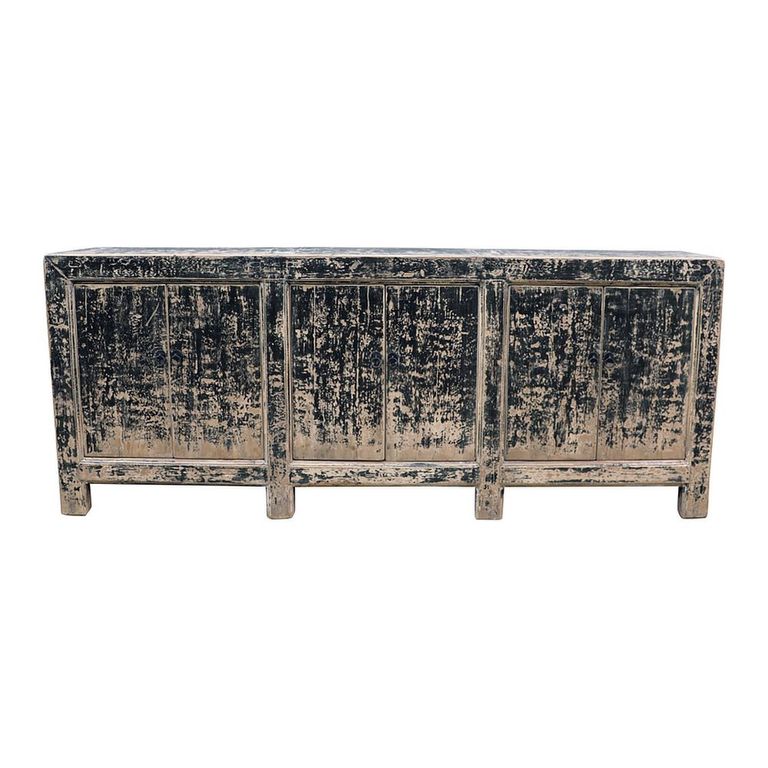 Chinese Sideboard - 6 Door - Extra Large - Distressed Black - Pine Wood