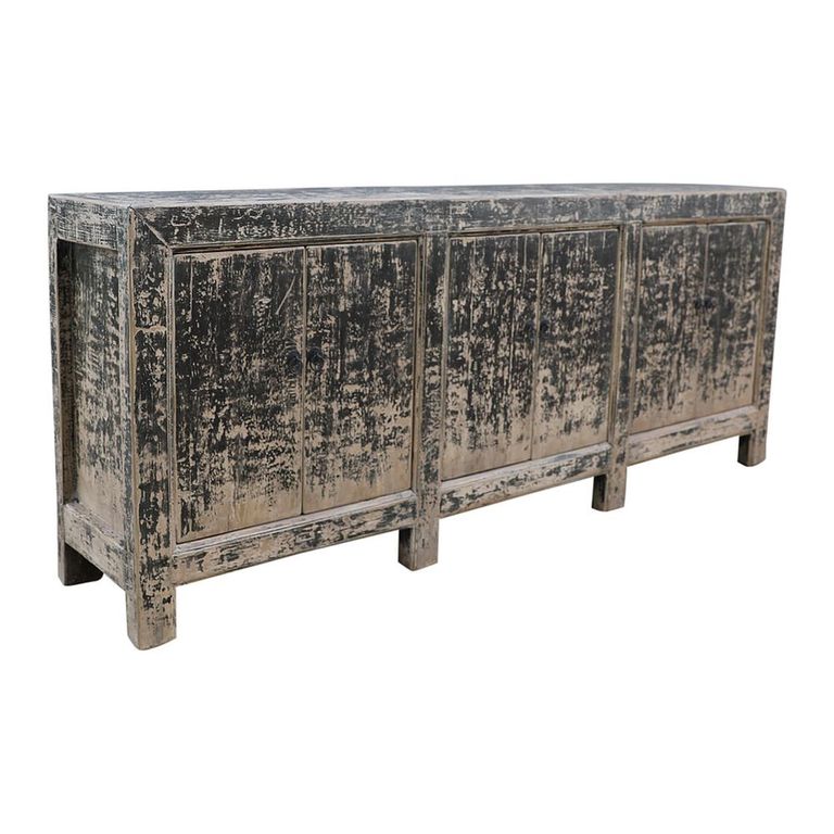 Chinese Sideboard - 6 Door - Extra Large - Distressed Black - Pine Wood