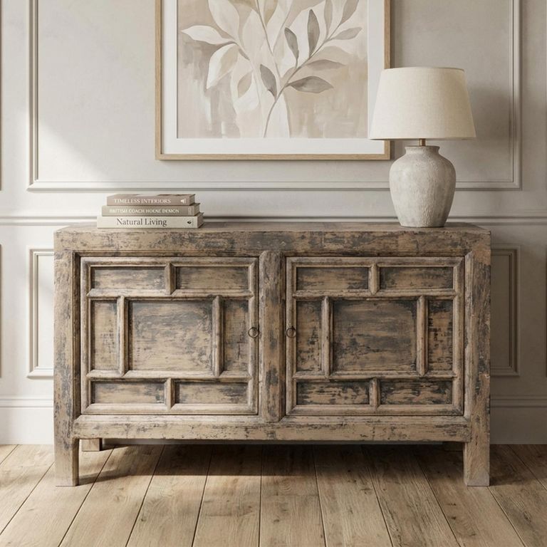 Distressed Sideboard - 2 Door - 144cm - Medium - Geometric Design - Grey - Elm Wood