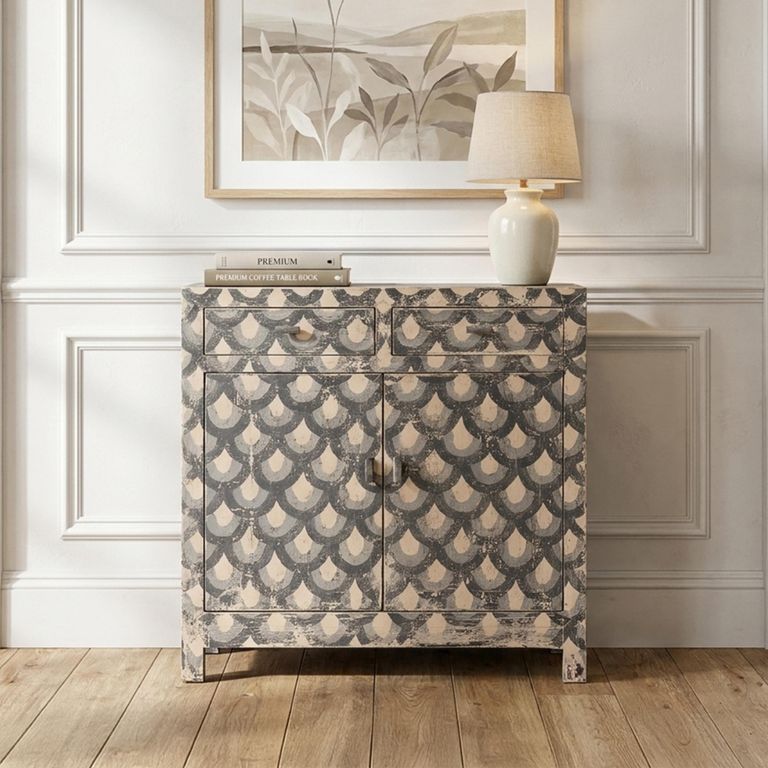 Distressed Sideboard - 2 Door 2 Drawer - 98cm - Patterned - Small - Grey - Elm Wood