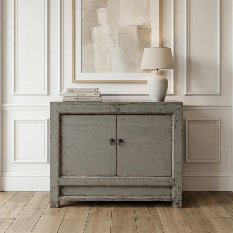 Distressed Sideboard - 2 Door - 96cm - Small - Grey - Lacquered Pine Wood
