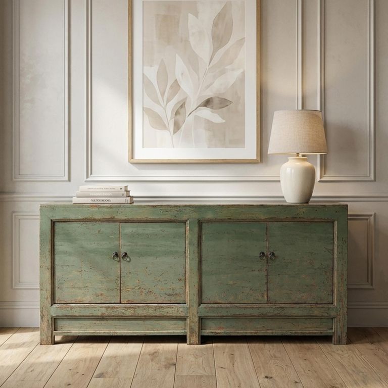 Distressed Sideboard - 4 Door - 190cm - Extra Large - Sage Green - Solid Wood