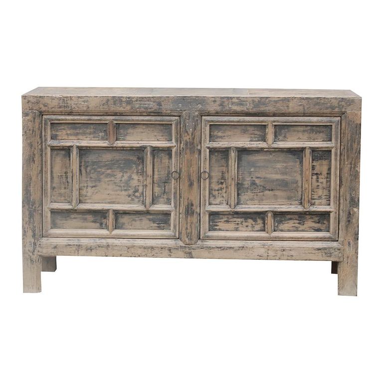 Distressed Sideboard - 2 Door - 144cm - Medium - Geometric Design - Grey - Elm Wood