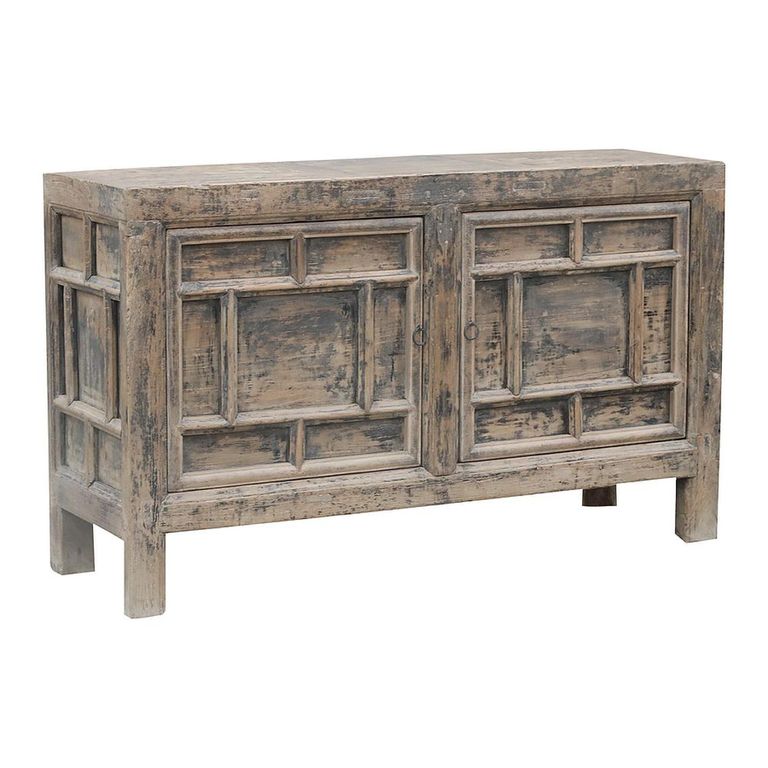 Distressed Sideboard - 2 Door - 144cm - Medium - Geometric Design - Grey - Elm Wood