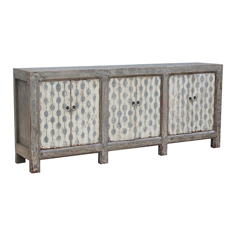 Distressed Sideboard - 6 Door - 227cm - Patterned  - Extra Large - Grey - Lacquered Pine Wood