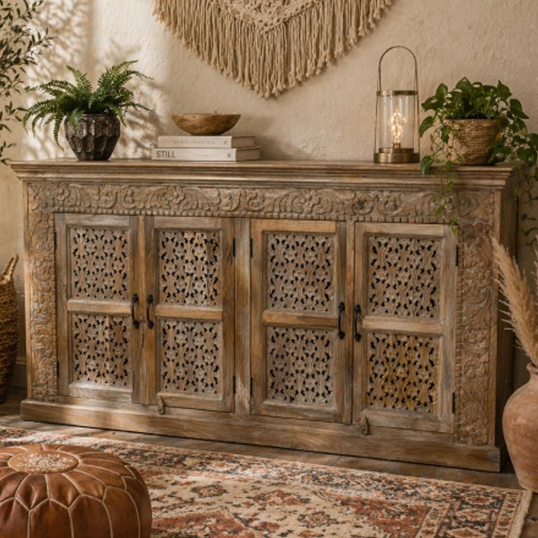 Hand Carved Sideboard - 4 Door - 190cm - Extra Large - Rustic Natural - Mango Wood
