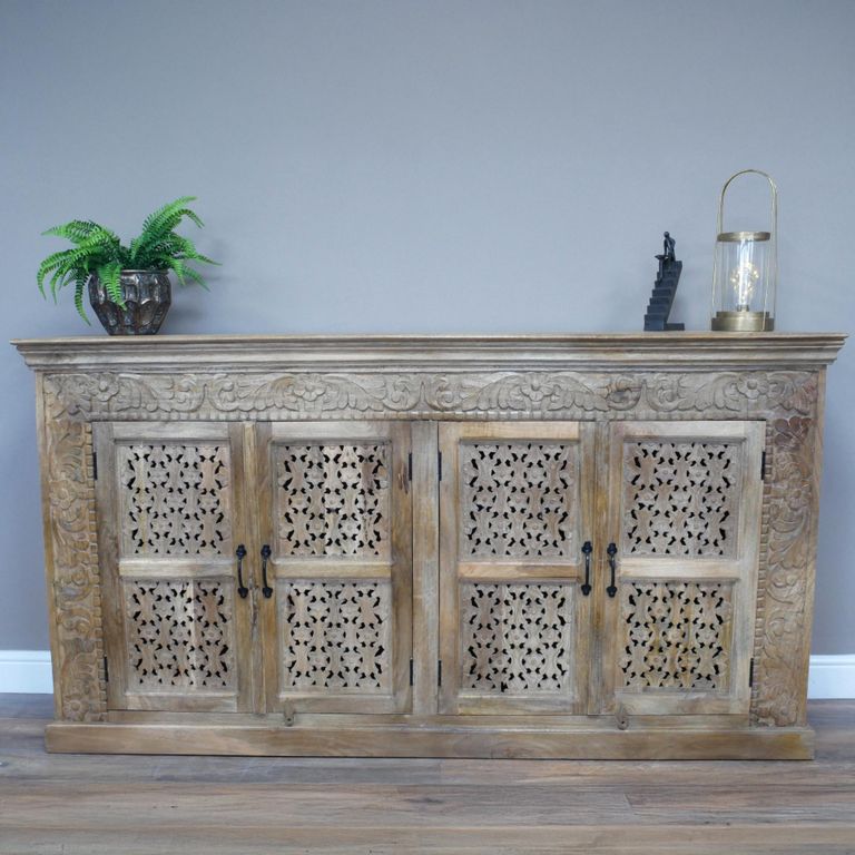 Hand Carved Sideboard - 4 Door - 190cm - Extra Large - Rustic Natural - Mango Wood