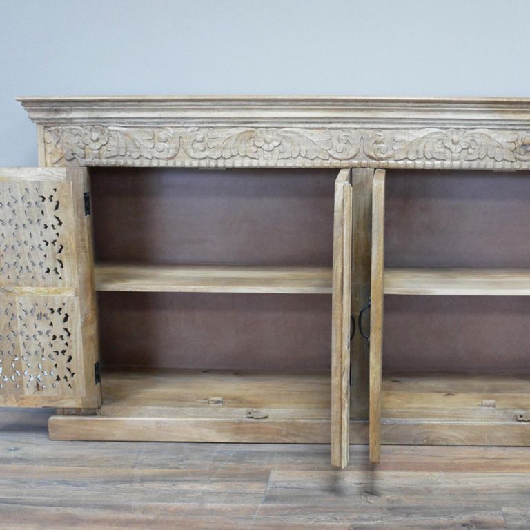Hand Carved Sideboard - 4 Door - 190cm - Extra Large - Rustic Natural - Mango Wood