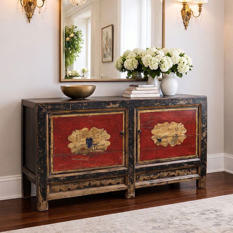 Distressed Sideboard - 2 Door - 152cm - Medium - Hand Painted - Oriental Style - Black and Red - Reclaimed Wood