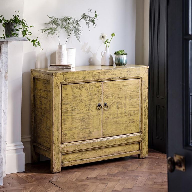 Distressed Sideboard - 2 Door - 96cm - Small - Yellow - Wooden