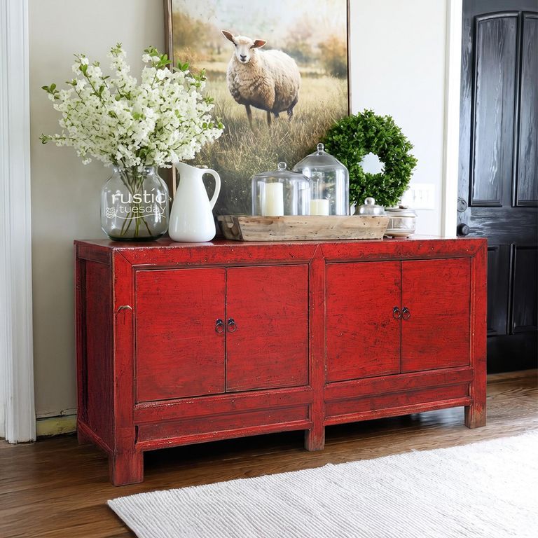 Distressed Sideboard - 4 Door - 206cm - Extra Large - Oriental Style - Red - Wooden