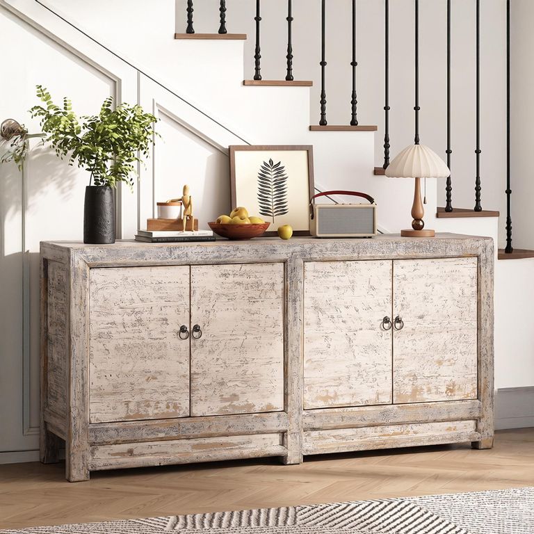 Distressed Sideboard - 4 Door - 208cm - Extra Large - White Washed - Elm Wood