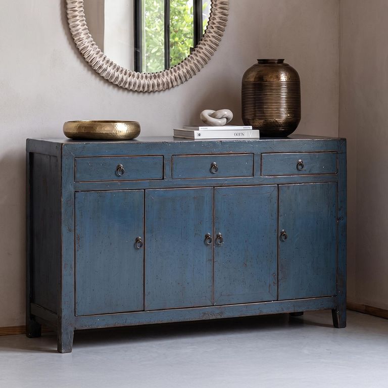 Distressed Sideboard - 4 Door 3 Drawer - 156cm - Medium - Blue - Wooden