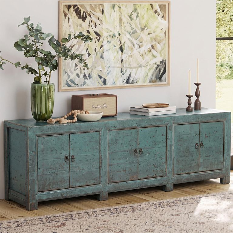 Distressed Sideboard - 6 Door - 224cm - Extra Large - Green - Wooden
