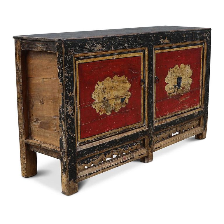 Distressed Sideboard - 2 Door - 152cm - Medium - Hand Painted - Oriental Style - Black and Red - Reclaimed Wood