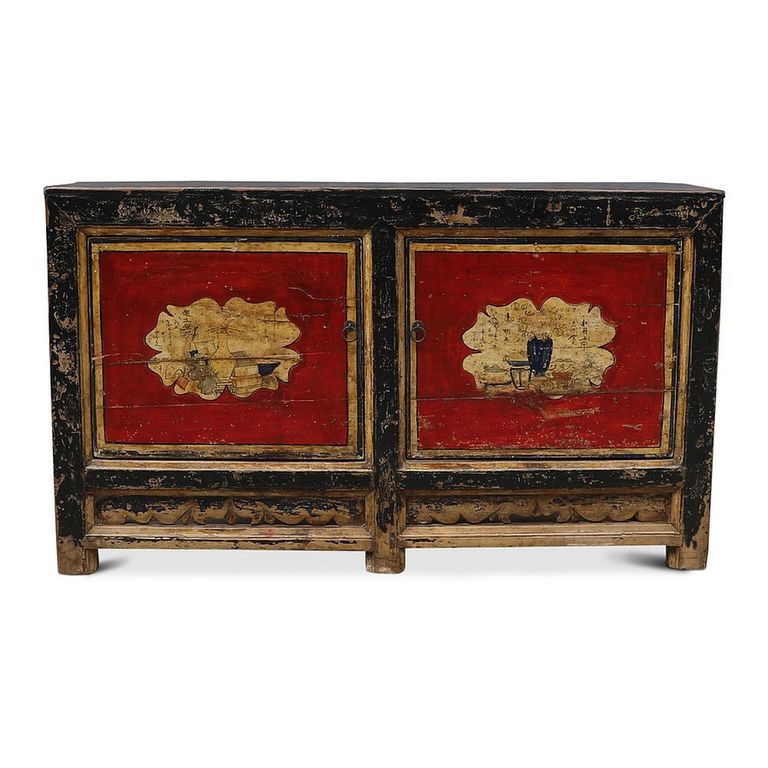 Distressed Sideboard - 2 Door - 152cm - Medium - Hand Painted - Oriental Style - Black and Red - Reclaimed Wood