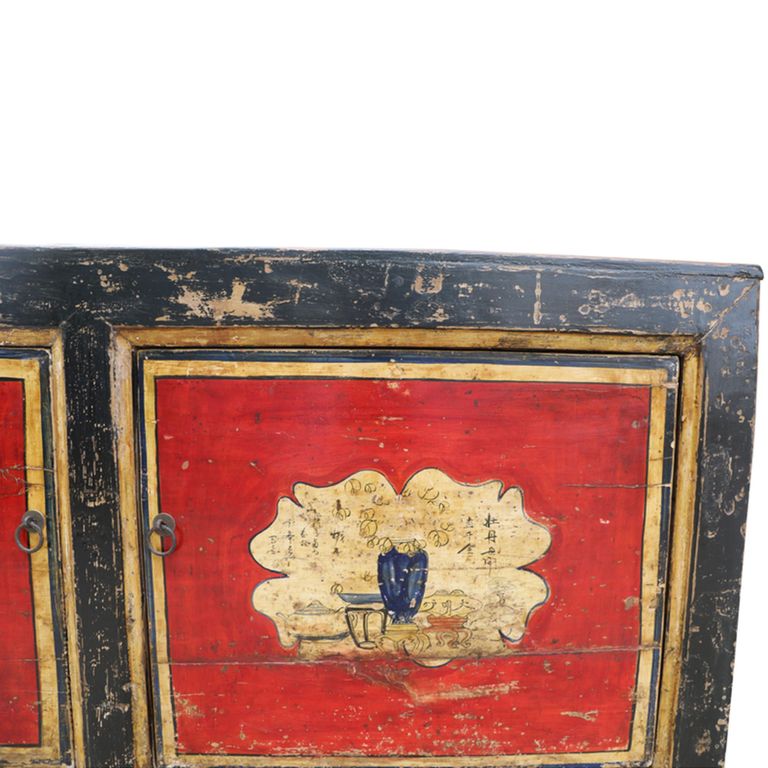 Distressed Sideboard - 2 Door - 152cm - Medium - Hand Painted - Oriental Style - Black and Red - Reclaimed Wood