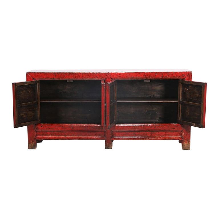 Distressed Sideboard - 4 Door - 206cm - Extra Large - Oriental Style - Red - Wooden