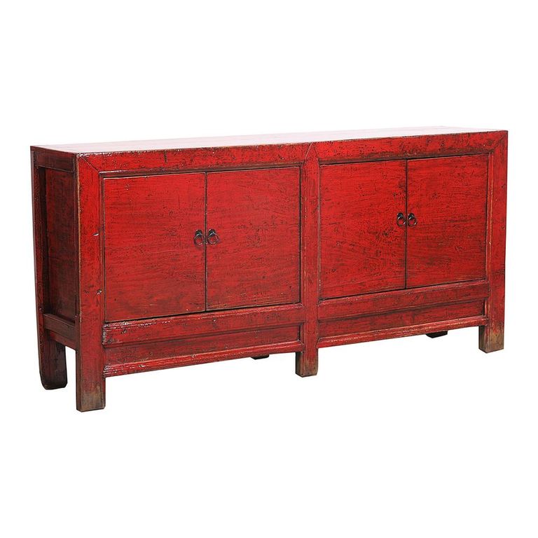 Distressed Sideboard - 4 Door - 206cm - Extra Large - Oriental Style - Red - Wooden