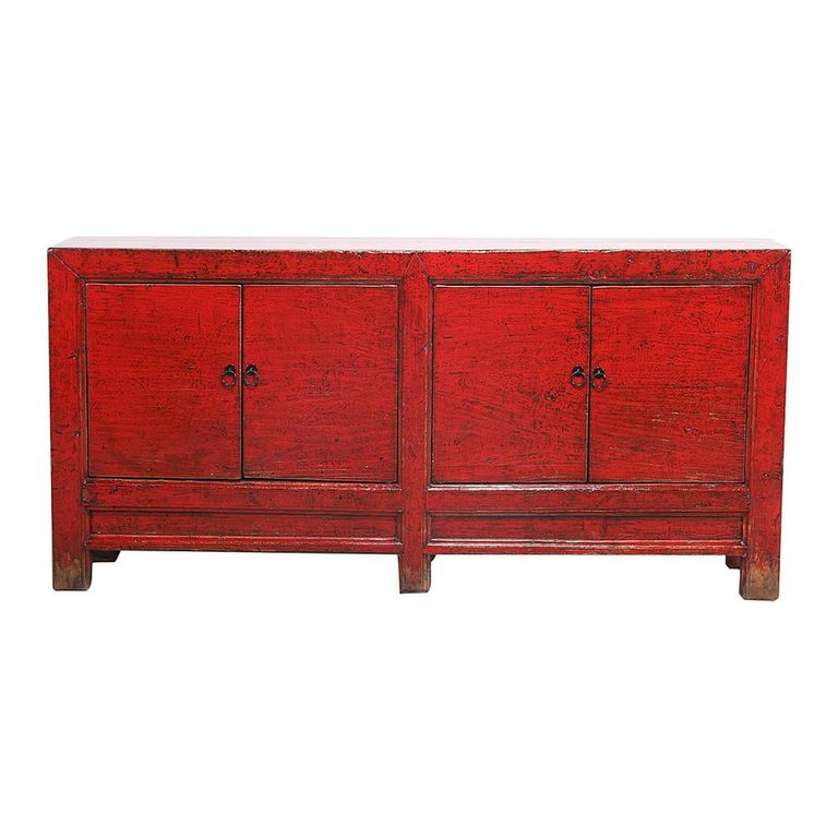 Distressed Sideboard - 4 Door - 206cm - Extra Large - Oriental Style - Red - Wooden