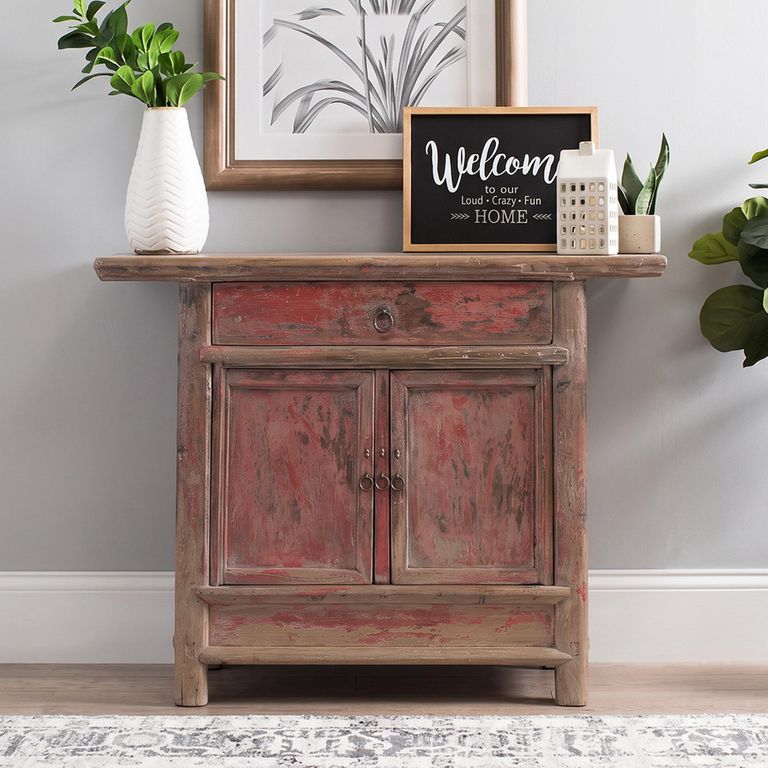 Distressed Sideboard - 2 Door 1 Drawer - 107cm - Small - Red - Elm Wood