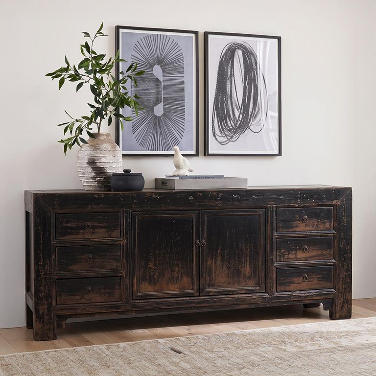 Distressed Sideboard - 2 Door 6 Drawer - 198cm - Extra Large - Black - Elm Wood