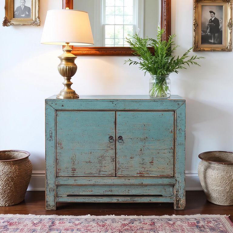 Distressed Sideboard - 2 Door - 95cm - Small - Turquoise Blue - Wooden