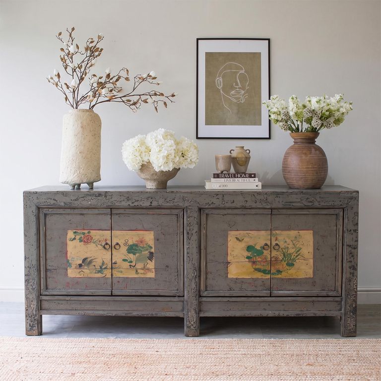 Distressed Sideboard - 4 Door - 180cm - Large - Hand Painted - Grey - Wooden