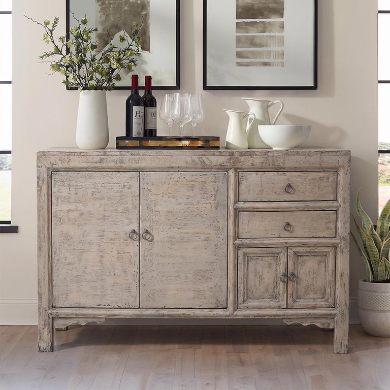 Distressed Sideboard - 4 Door 2 Drawer - 122cm - Medium - White Washed - Wooden