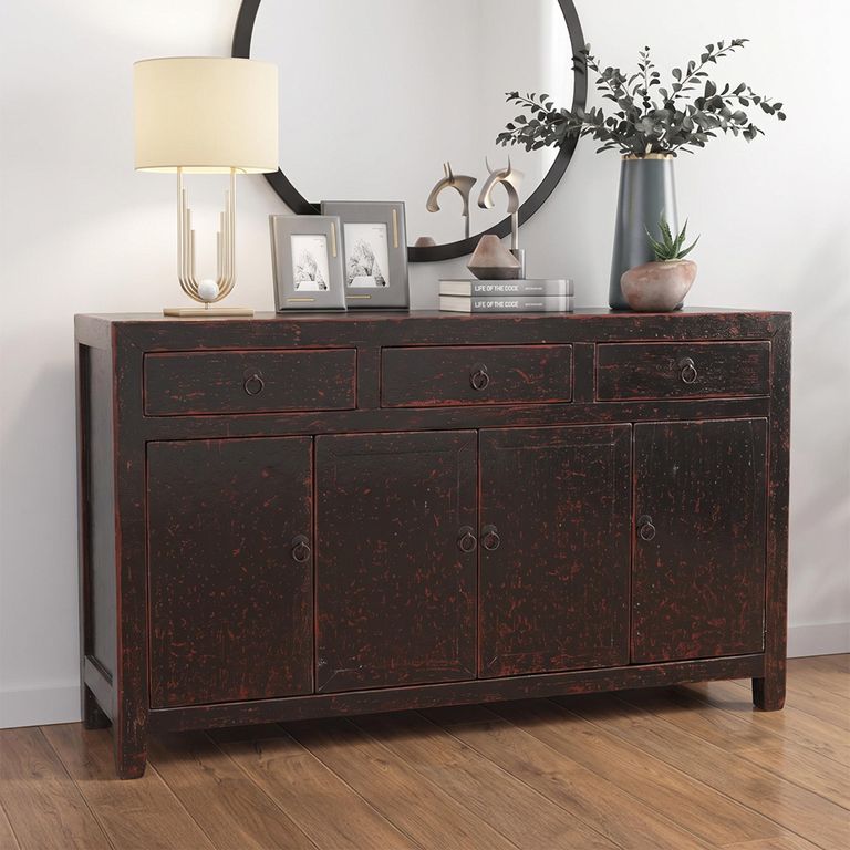 Distressed Sideboard - 4 Door 3 Drawer - 152cm - Medium - Black - Elm Wood