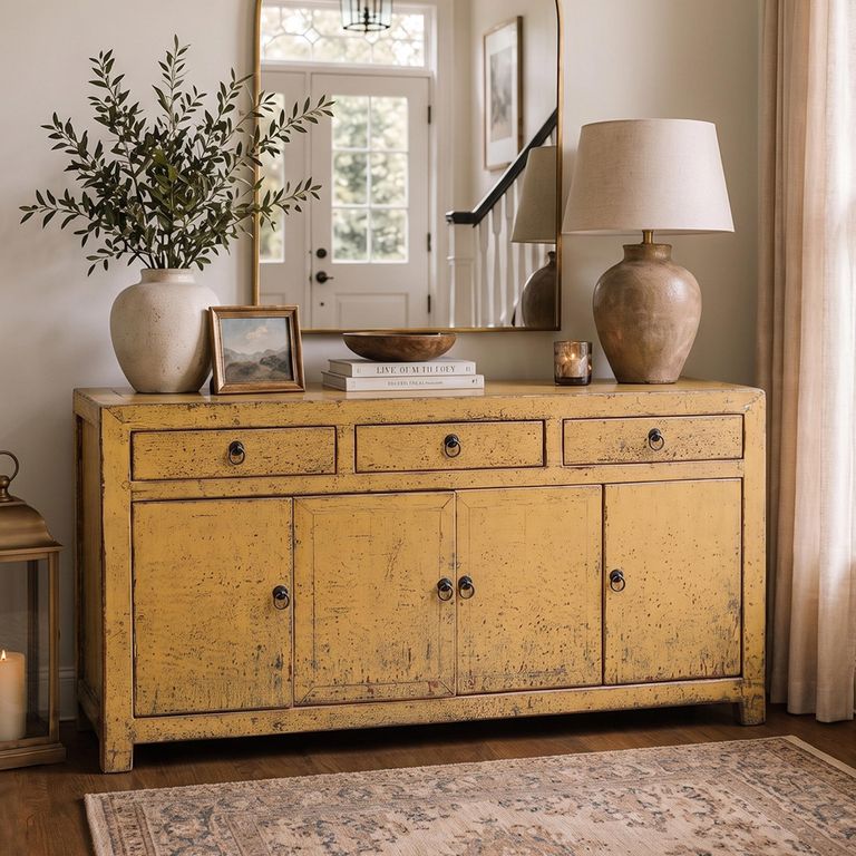 Distressed Sideboard - 4 Door 3 Drawer - 156cm - Medium - Mustard Yellow - Wooden