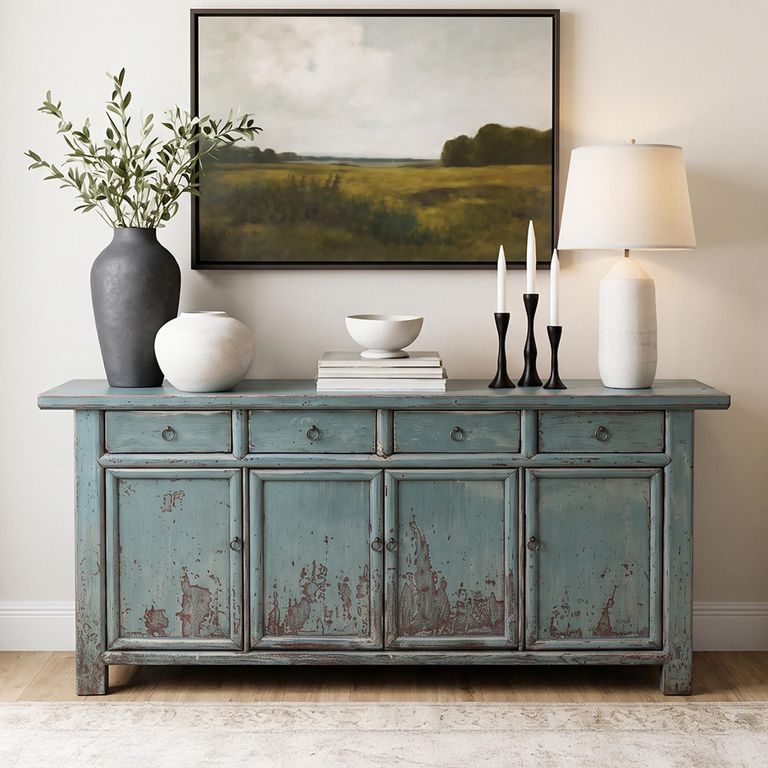 Distressed Sideboard - 4 Door 4 Drawer - 175cm - Large - Sage Green - Elm Wood