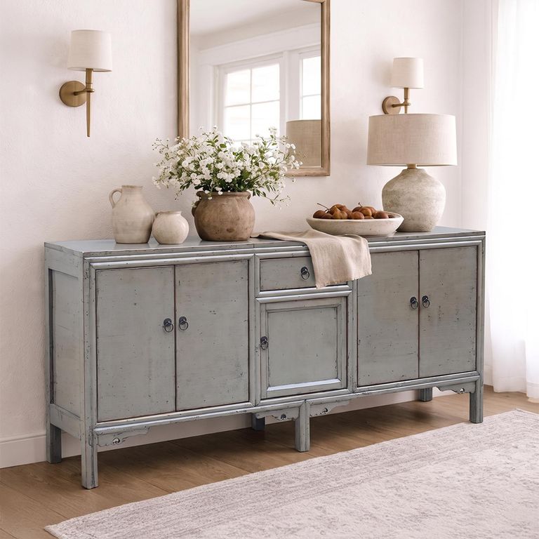 Distressed Sideboard - 5 Door 1 Drawer - 189cm - Extra Large - Grey - Lacquered Pine Wood