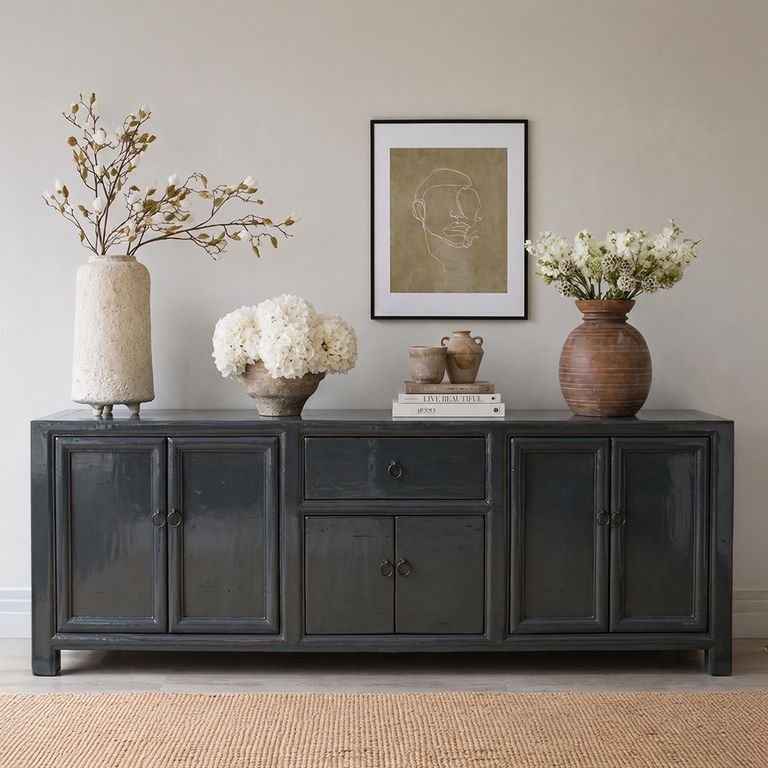 Painted Sideboard - 6 Door 1 Drawer - 177cm - Large - Blue - Lacquered Pine Wood