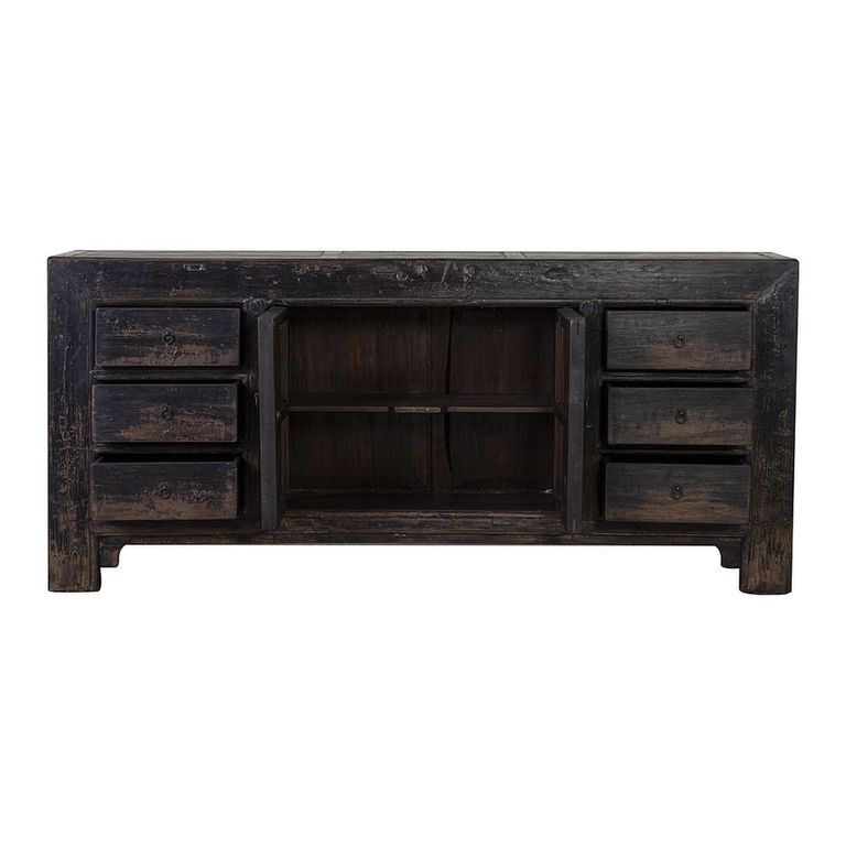 Distressed Sideboard - 2 Door 6 Drawer - 198cm - Extra Large - Black - Elm Wood
