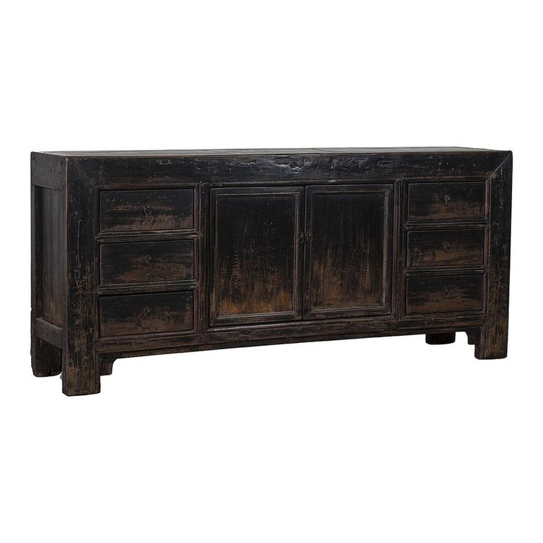 Distressed Sideboard - 2 Door 6 Drawer - 198cm - Extra Large - Black - Elm Wood