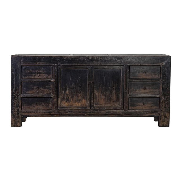 Distressed Sideboard - 2 Door 6 Drawer - 198cm - Extra Large - Black - Elm Wood