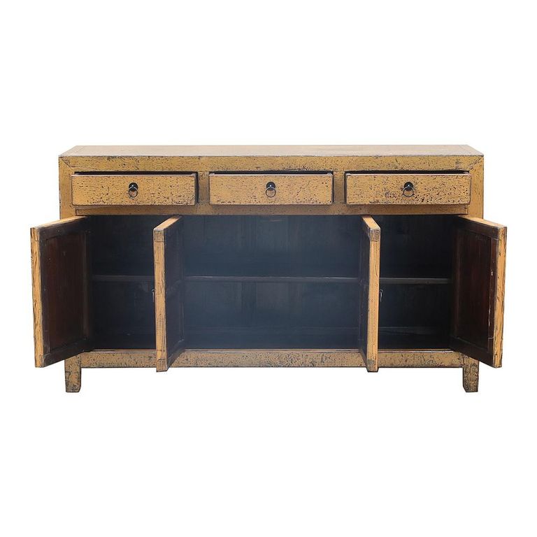 Distressed Sideboard - 4 Door 3 Drawer - 156cm - Medium - Mustard Yellow - Wooden