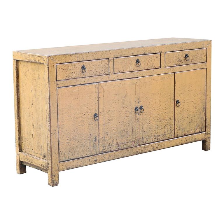 Distressed Sideboard - 4 Door 3 Drawer - 156cm - Medium - Mustard Yellow - Wooden