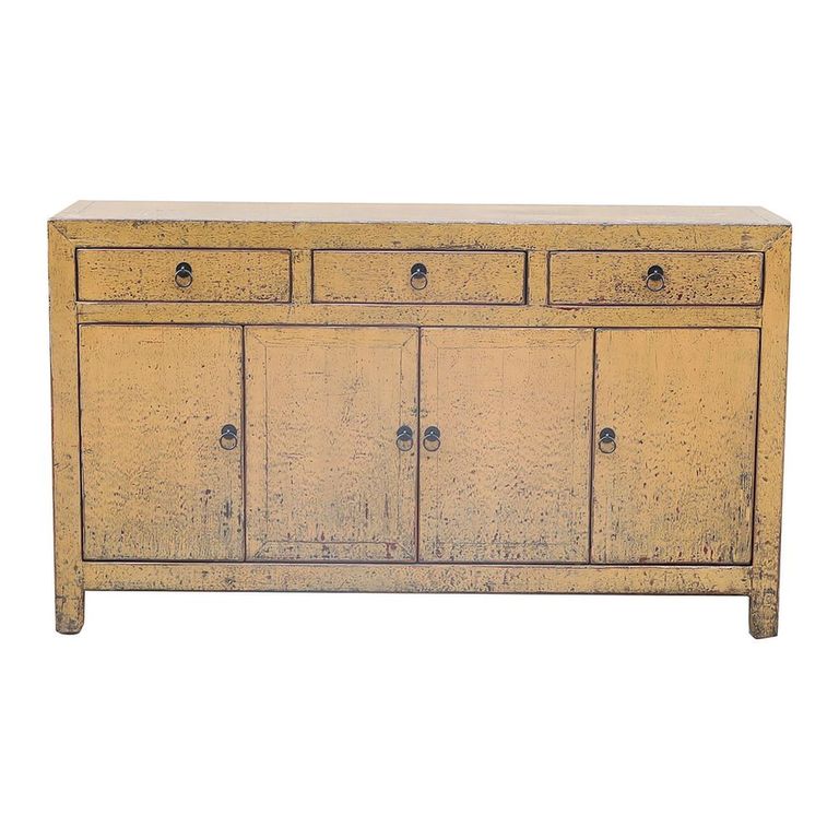 Distressed Sideboard - 4 Door 3 Drawer - 156cm - Medium - Mustard Yellow - Wooden