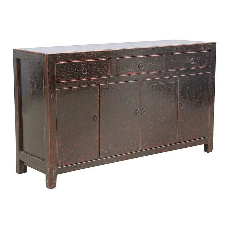 Distressed Sideboard - 4 Door 3 Drawer - 152cm - Medium - Black - Elm Wood