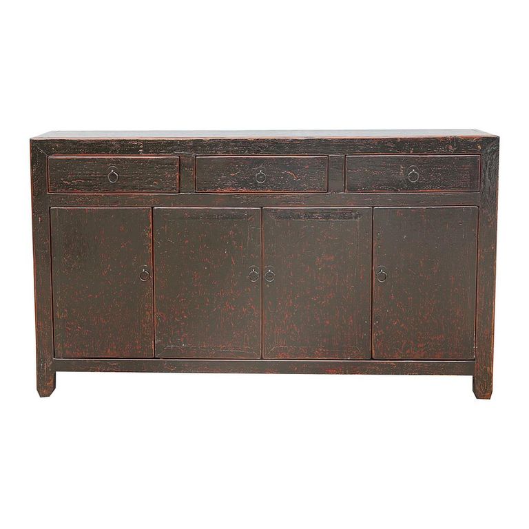 Distressed Sideboard - 4 Door 3 Drawer - 152cm - Medium - Black - Elm Wood