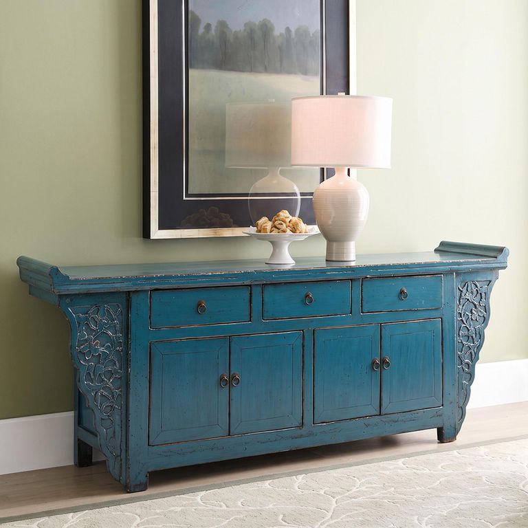 Distressed Sideboard - 4 Door 3 Drawer - 210cm - Extra Large - Blue - Lacquered Pine Wood