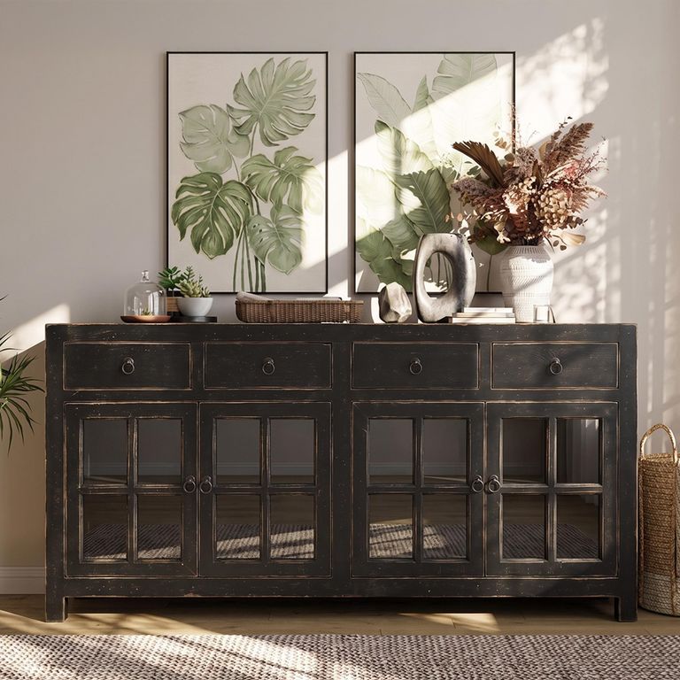 Distressed Sideboard - 4 Door 4 Drawer - 180cm - Large - Black - Glass and Wooden