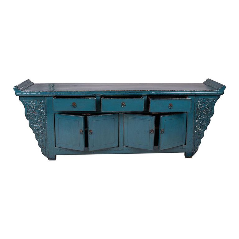 Distressed Sideboard - 4 Door 3 Drawer - 210cm - Extra Large - Blue - Lacquered Pine Wood